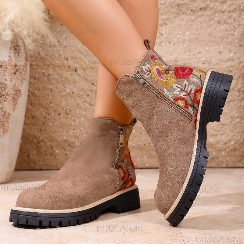 Embroidery Flower - Sepatu Bot Ankle Suede Bordir Bunga