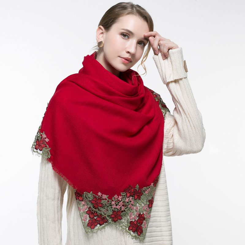 100% Real Wol Syal Merah Muda  - Embroidery Pashmina ulasan dan harga