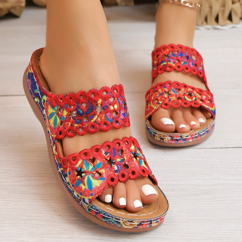 Sandal Wedges Bordir Bunga War - Embroidery Flower ulasan dan harga